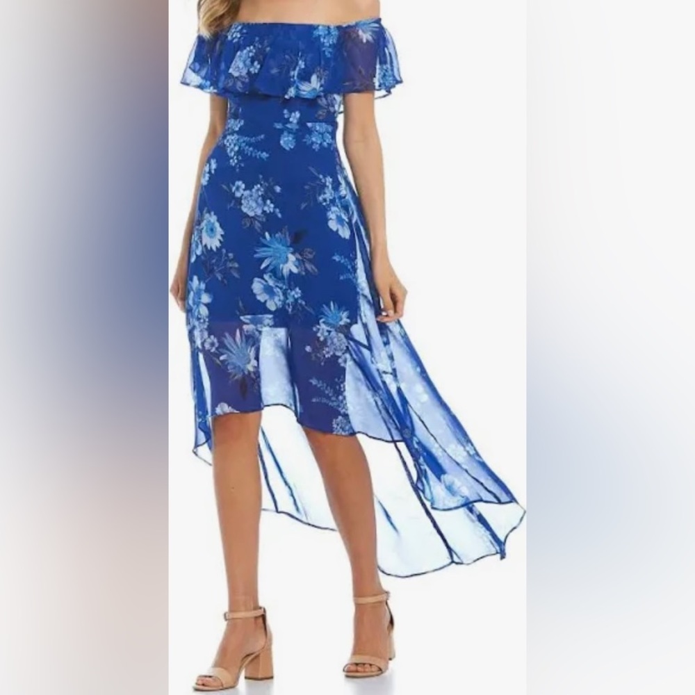 Midnight Doll Juniors Blue Floral Flutter Sleeve Off-the-Shoulder Chiffon Dress